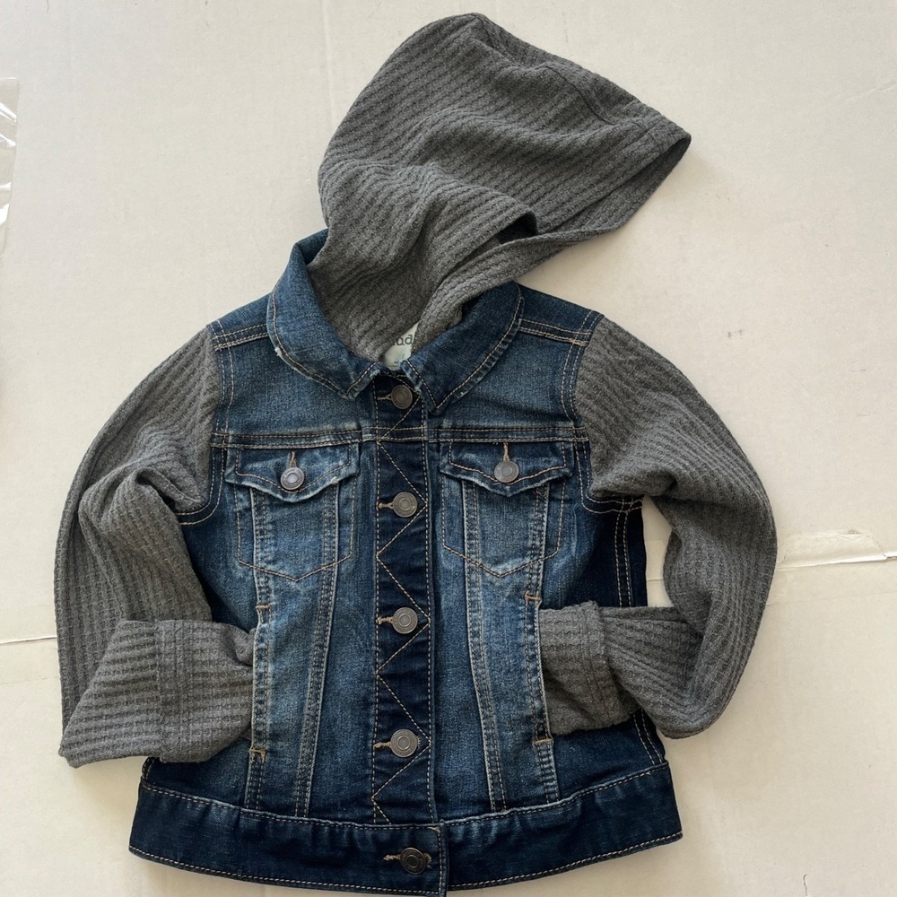 Mudd Girls Denim Jacket 7 Y2K Hooded Layered Knit Thermal Sleeves Streetwear.